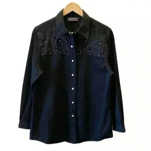 Lafei Nier Western Shirt Beaded Embroidered Button Up Long Sleeve Black Large